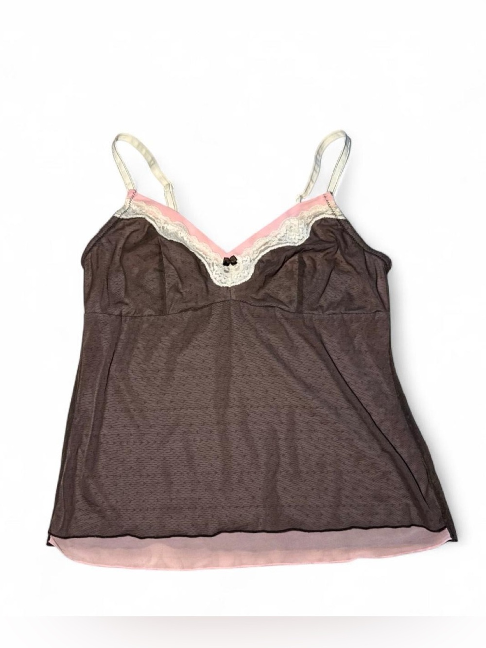 Y2K Body Art brown & pink lace cami sheet top with white lace trim☮️
